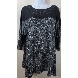 French Blue Woman Black White Rhinestones Top 1X Plus Lightweight Soft Stretchy